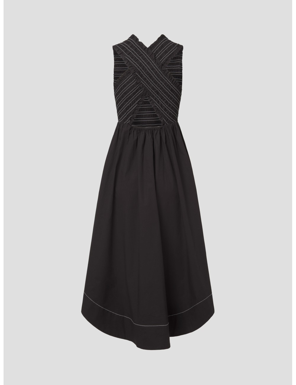 Vestido midi negro GANNI mujer con diseño smock y falda acampanada - MARFRANC Vestido midi negro GANNI mujer con diseño smock y falda acampanada - MARFRANC