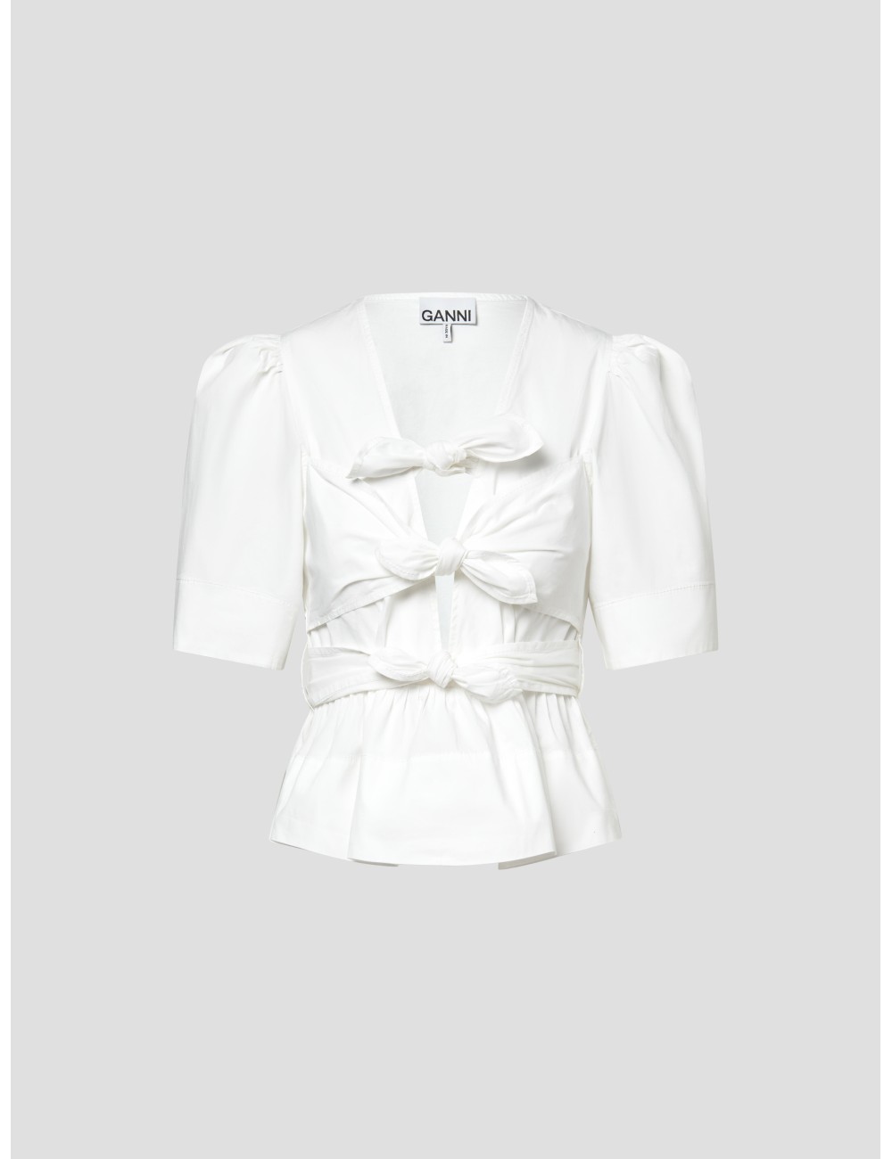 Blusa Tie Strap Bright White GANNI mujer con escote en V y mangas abullonadas - MARFRANC Blusa Tie Strap Bright White GANNI mujer con escote en V y mangas abullonadas - MARFRANC