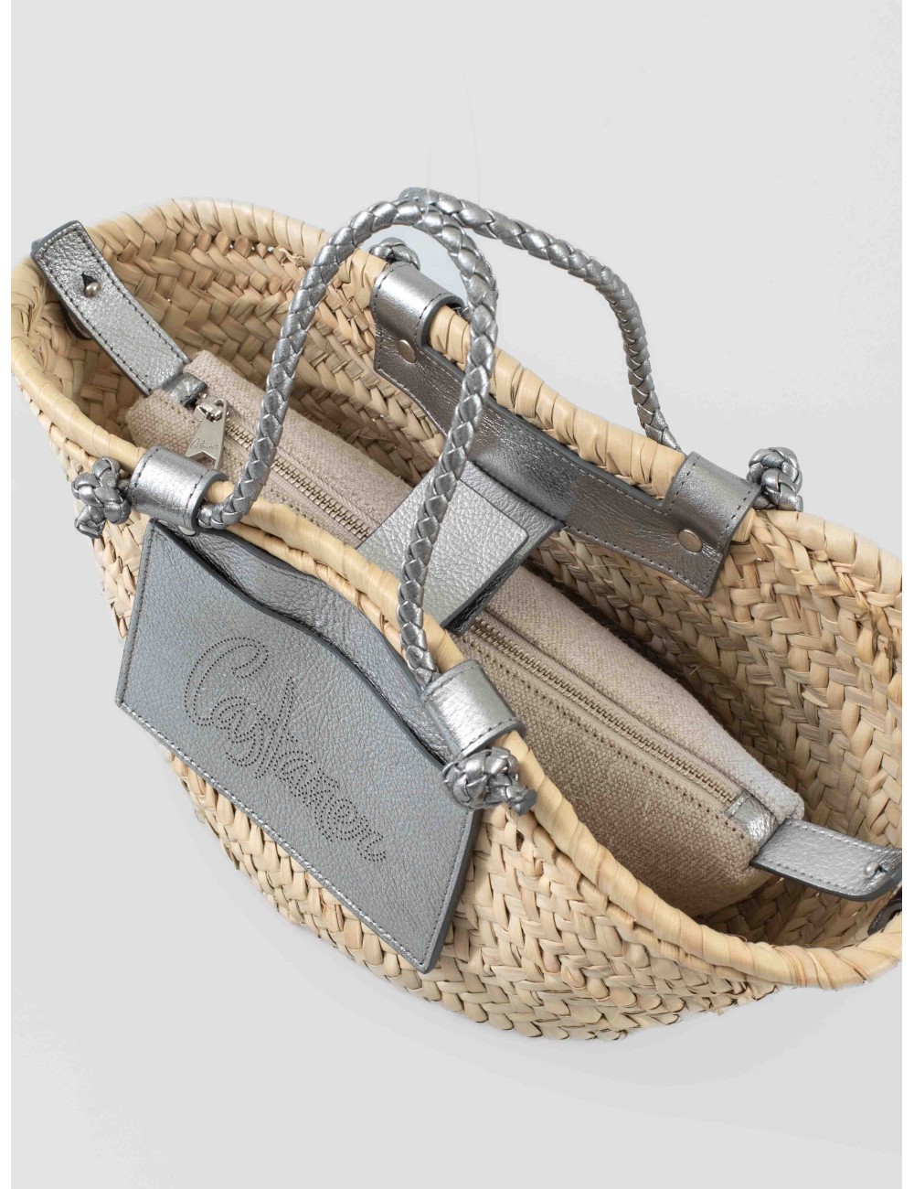 Bolso de mano CASTAÑER 3003 Plata en rafia y cuero para mujer - MARFRANC Bolso de mano CASTAÑER 3003 Plata en rafia y cuero para mujer - MARFRANC