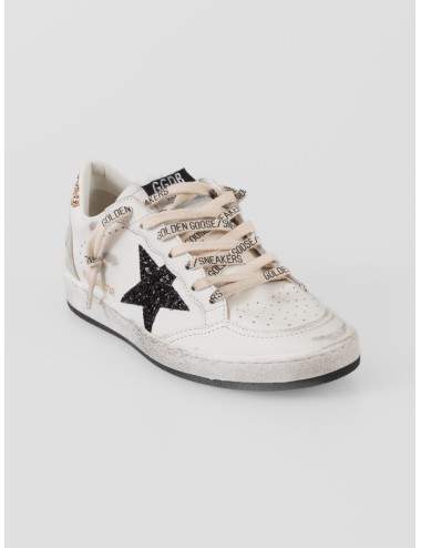 Zapatillas Golden Goose BALL STAR mujer blanco negro con estrella purpurina - MARFRANC