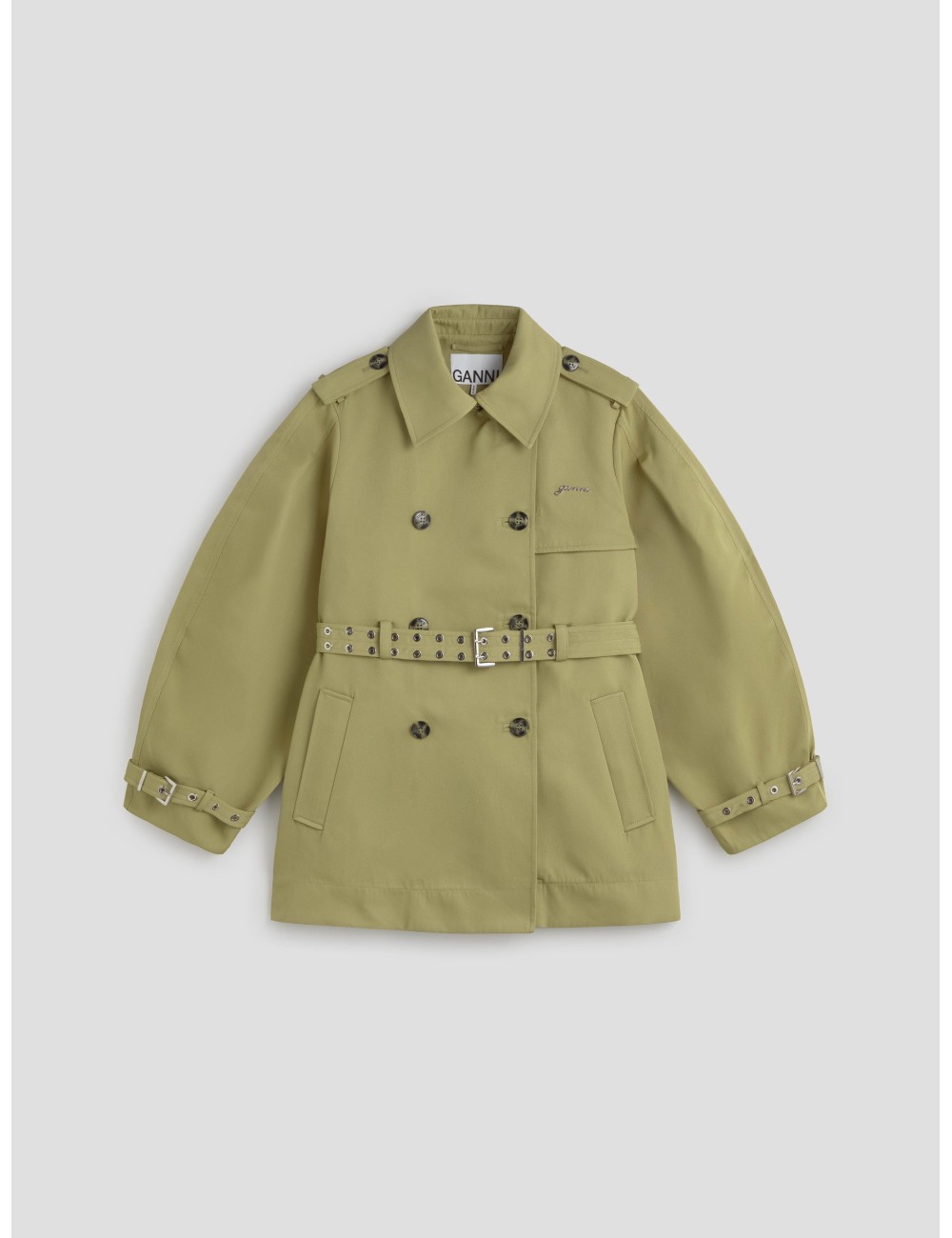 Trench coat verde GANNI mujer con cinturón y tejido reciclado - MARFRANC