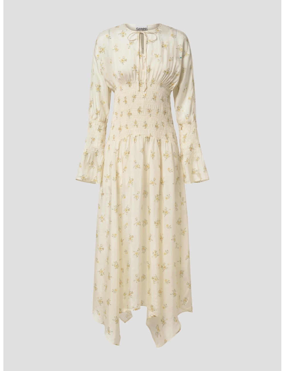 Vestido midi blanco GANNI para mujer con cuello en punta y mangas largas - MARFRANC Vestido midi blanco GANNI para mujer con cuello en punta y mangas largas - MARFRANC