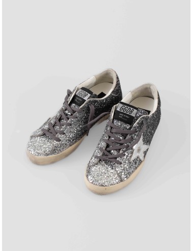 Zapatillas Golden Goose SUPER-STAR mujer lentejuelas plateadas cordones oscuros estilo vintage - MARFRANC