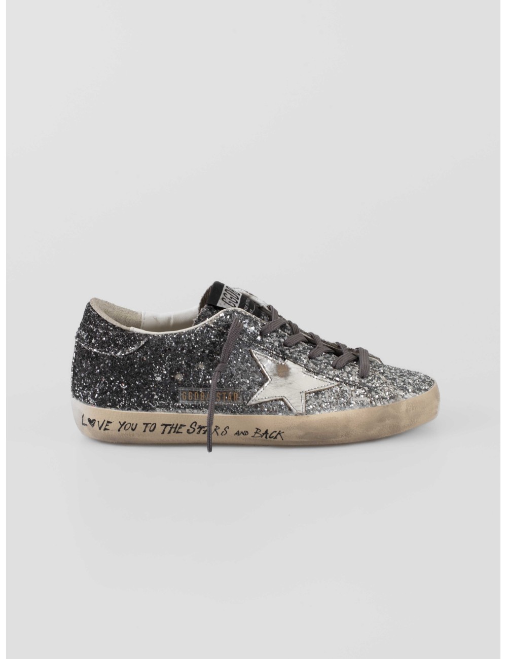 Zapatillas Golden Goose SUPER-STAR mujer lentejuelas plateadas cordones oscuros estilo vintage - MARFRANC