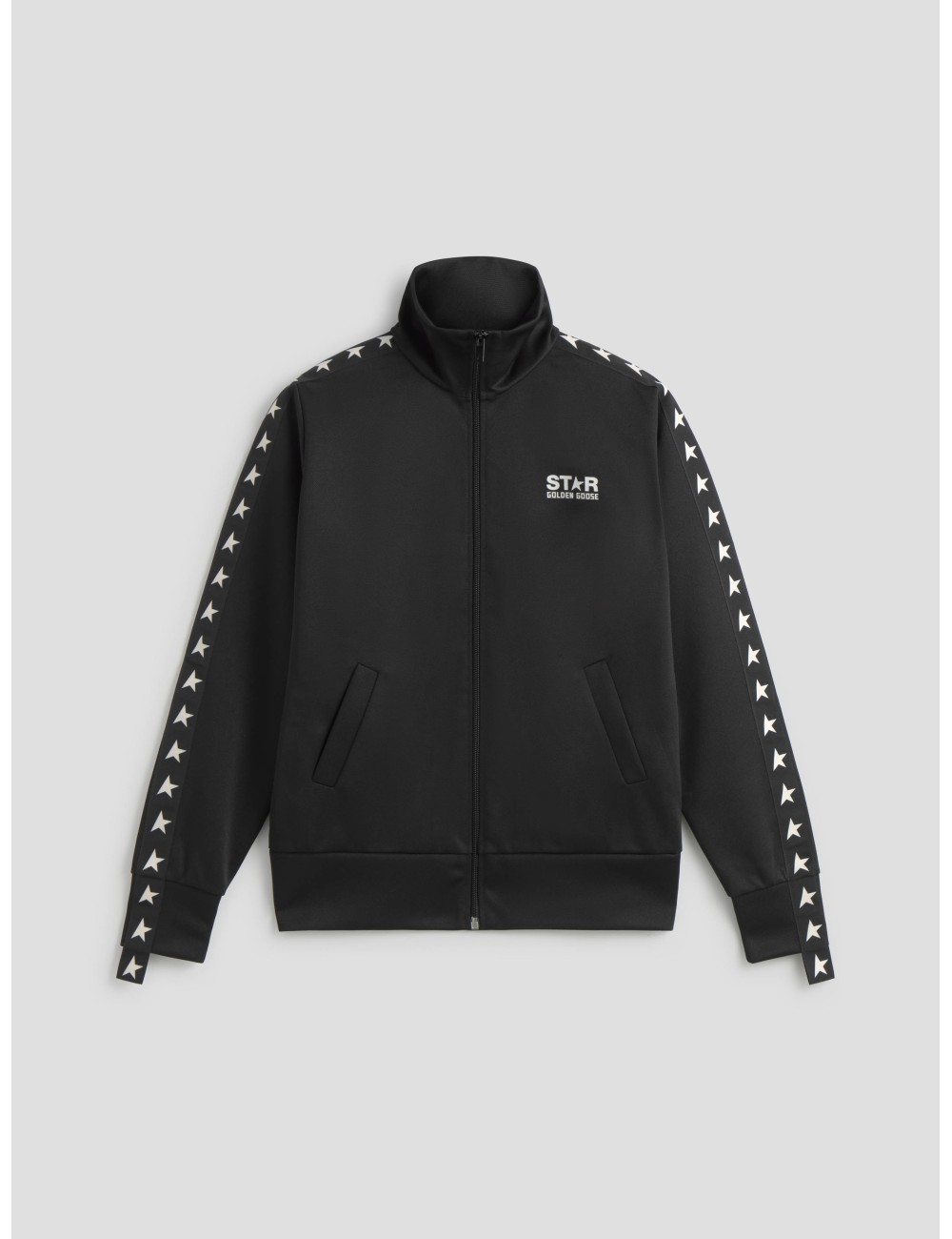 Chaqueta negra Zipped Track Jacket hombre Golden Goose con estrellas blancas en mangas - MARFRANC