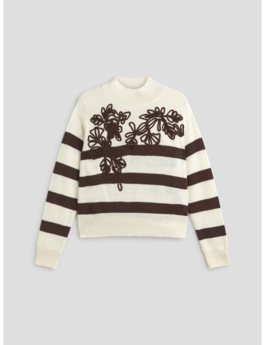 Jersey de mujer "Bordado Floral" de Ermanno Firenze en color blanco con rayas marrones amplias en cuerpo y mangas - MARFRANC