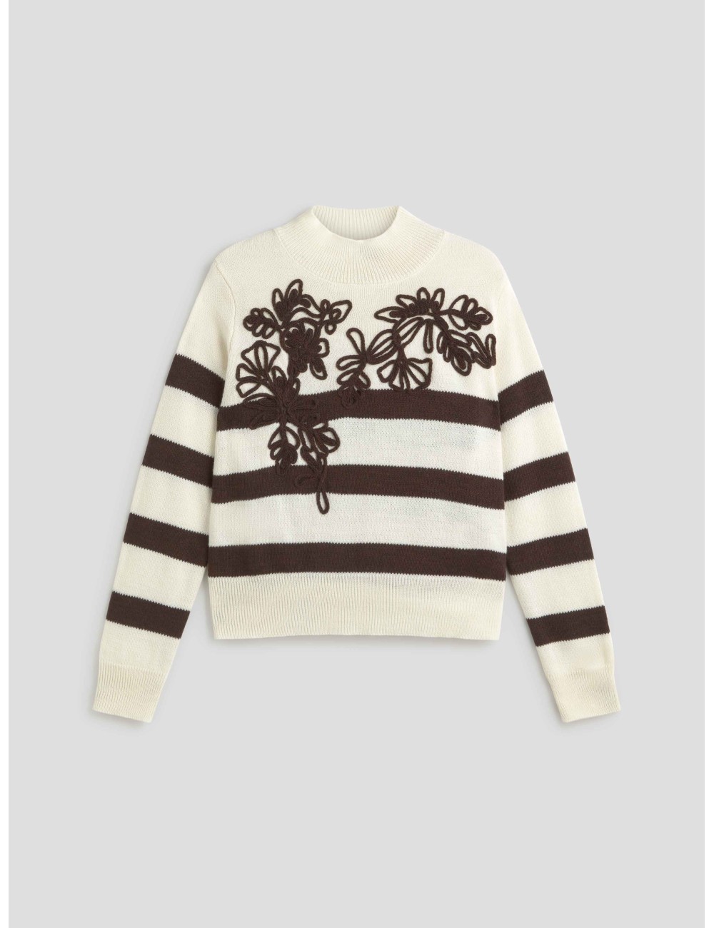 Jersey de mujer "Bordado Floral" de Ermanno Firenze en color blanco con rayas marrones amplias en cuerpo y mangas - MARFRANC Jersey de mujer "Bordado Floral" de Ermanno Firenze en color blanco con rayas marrones amplias en cuerpo y mangas - MARFRANC