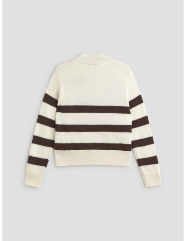 Jersey de mujer "Bordado Floral" de Ermanno Firenze en color blanco con rayas marrones amplias en cuerpo y mangas - MARFRANC