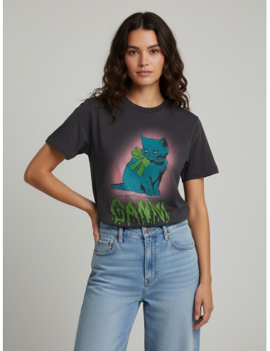 Camiseta de algodón orgánico GANNI Kitty T-Shirt en color Phantom para mujer - MARFRANC