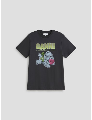Camiseta negra de algodón orgánico con estampado de cachorro de GANNI - MARFRANC