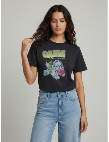 Camiseta negra de algodón orgánico con estampado de cachorro de GANNI - MARFRANC