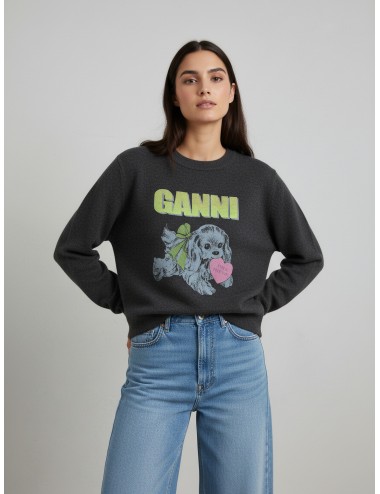Suéter de lana con estampado de cachorro en color negro de GANNI para mujer - MARFRANC