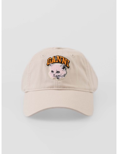 Gorra de algodón orgánico en color Beige/Pink, con bordado frontal de un gato y logo GANNI - MARFRANC