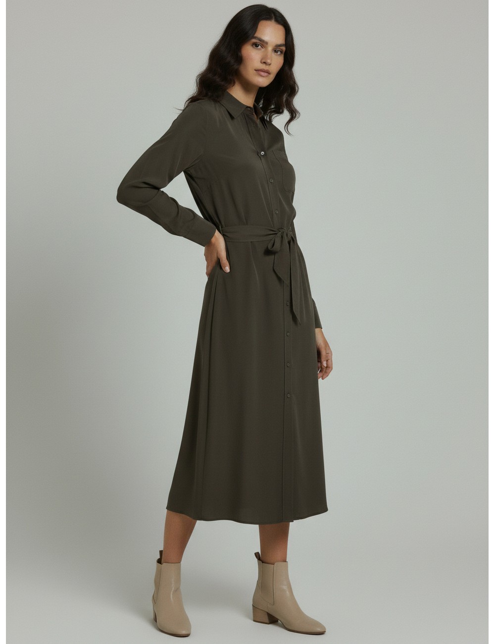Vestido largo de seda para mujer Soeur modelo FLORAI en elegante color kaki oscuro - MARFRANC