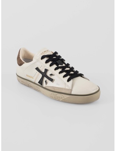 Zapatillas Premiata Steven 7630 hombre en piel marfil con logo negro y talón de ante marrón, retro Made in Italy - MARFRANC