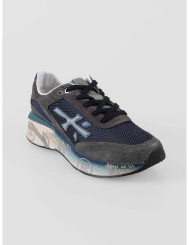 Zapatillas Premiata Moerun 7772 hombre en ante gris y malla negra con detalles azules, running urbano Made in Italy - MARFRANC
