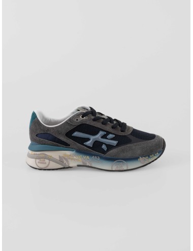Zapatillas Premiata Moerun 7772 hombre en ante gris y malla negra con detalles azules, running urbano Made in Italy - MARFRANC