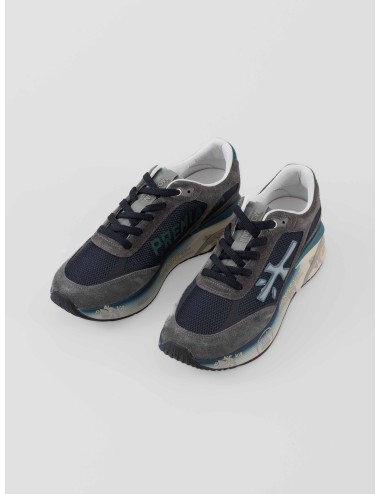 Zapatillas Premiata Moerun 7772 hombre en ante gris y malla negra con detalles azules, running urbano Made in Italy - MARFRANC