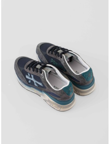 Zapatillas Premiata Moerun 7772 hombre en ante gris y malla negra con detalles azules, running urbano Made in Italy - MARFRANC