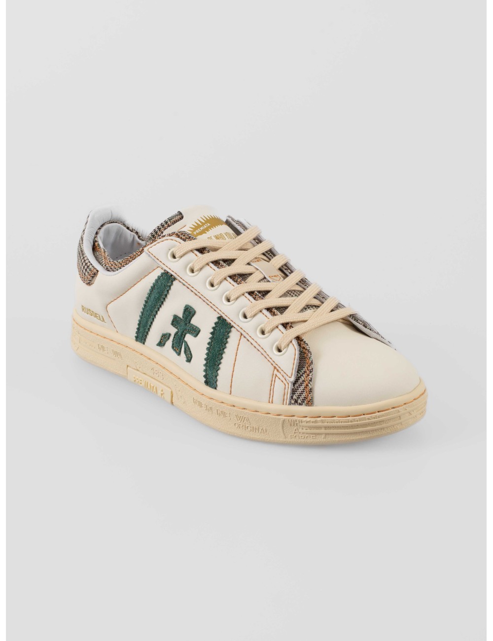 Zapatillas Premiata Russell 7833 hombre en piel beige con detalles multicolor y logo verde en rizo, retro urbano - MARFRANC