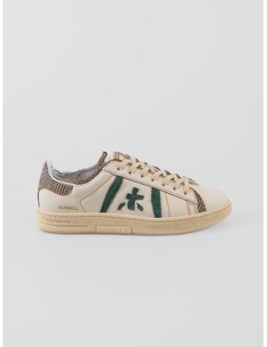 Zapatillas Premiata Russell 7833 hombre en piel beige con detalles multicolor y logo verde en rizo, retro urbano - MARFRANC