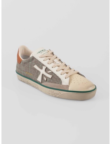 Zapatillas Premiata Steven var. 7710 hombre en piel beige con tartán, logo blanco y suela estampada - MARFRANC