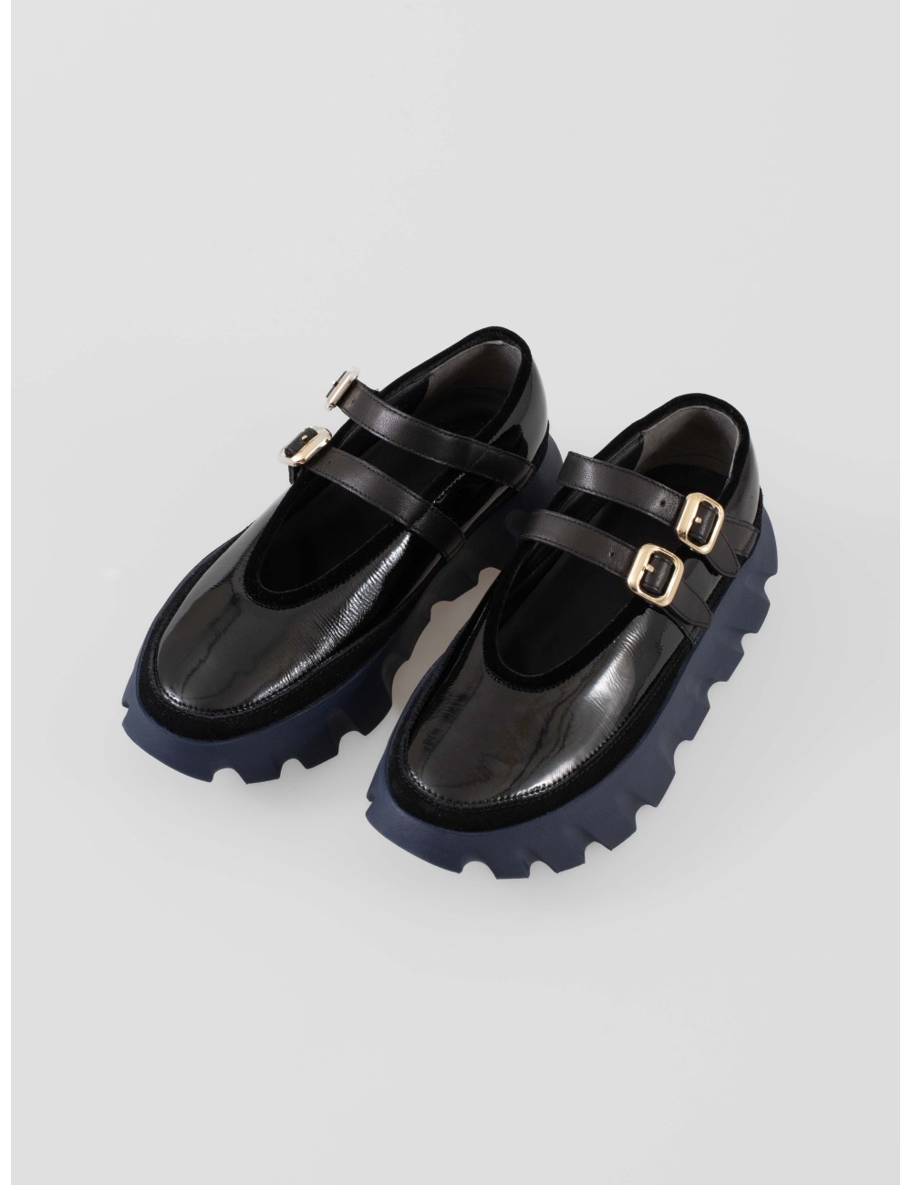 Zapatos 4CCCCEES Tura Ballet 4CS470014 mujer negros charol con doble correa y plataforma azul dentada - MARFRANC