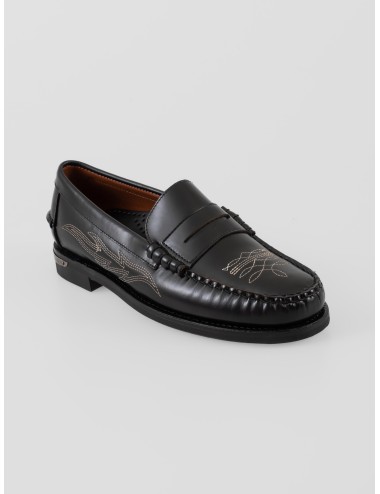 Loafer Sebago Dan El Paso 751221W Black en piel full-grain con bordados western y suela de cuero tratado - MARFRANC