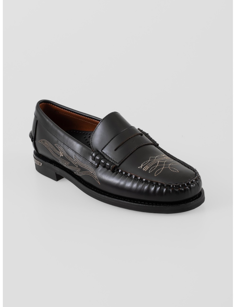 Loafer Sebago Dan El Paso 751221W Black en piel full-grain con bordados western y suela de cuero tratado - MARFRANC
