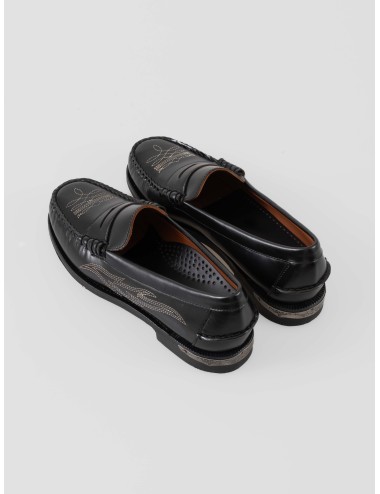 Loafer Sebago Dan El Paso 751221W Black en piel full-grain con bordados western y suela de cuero tratado - MARFRANC
