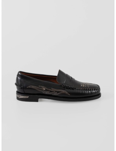 Loafer Sebago Dan El Paso 751221W Black en piel full-grain con bordados western y suela de cuero tratado - MARFRANC