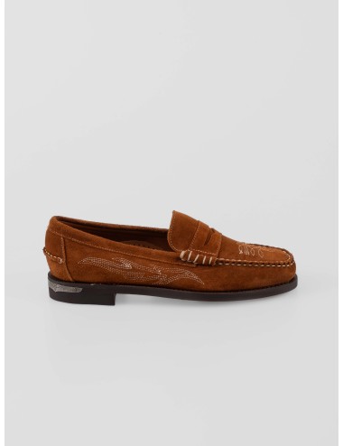 Loafer Sebago Dan Dallas hombre en suede de becerro marrón Moka con bordados decorativos y suela de cuero artesanal - MARFRANC