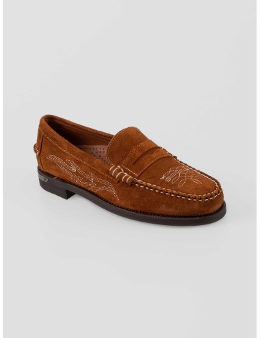 Loafer Sebago Dan Dallas hombre en suede de becerro marrón Moka con bordados decorativos y suela de cuero artesanal - MARFRANC