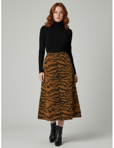 Falda midi de punto de línea A con estampado de tigre de Essentiel Antwerp, modelo Talicca en tonos marrón/negro - MARFRANC