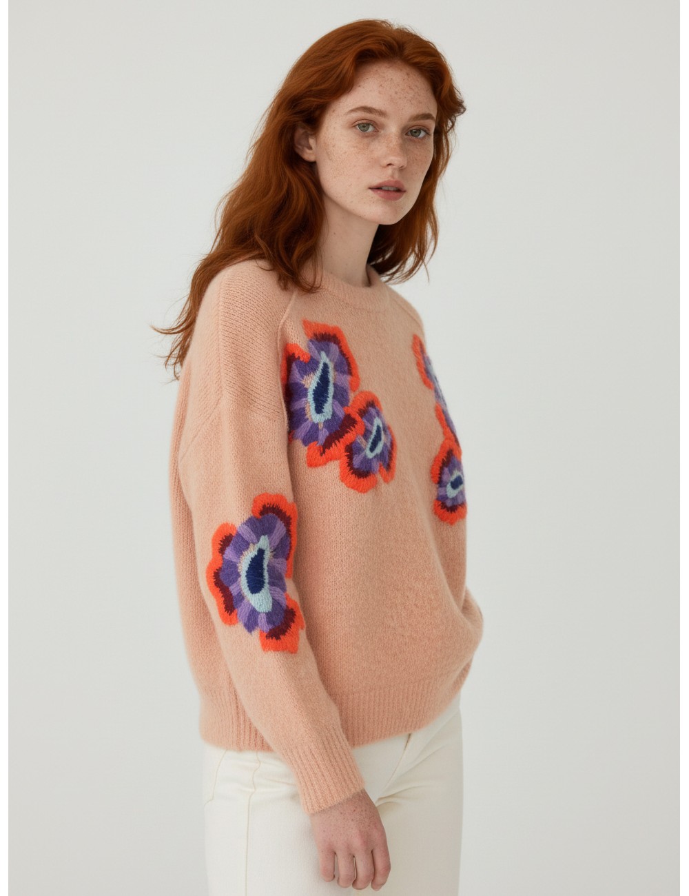 Jersey jacquard floral multicolor Essentiel Antwerp, modelo Impossible, en tono beige, para mujer - MARFRANC Jersey jacquard floral multicolor Essentiel Antwerp, modelo Impossible, en tono beige, para mujer - MARFRANC