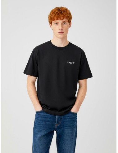 Camiseta Carhartt WIP Signature Script AW25-092T negro y blanco para hombre, en algodón orgánico, diseño boxy - MARFRANC