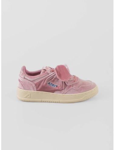 Autry Medalist Low WOM Vel/Flake Orchsmoke para mujer en terciopelo rosa humo y suela de caucho retro - MARFRANC
