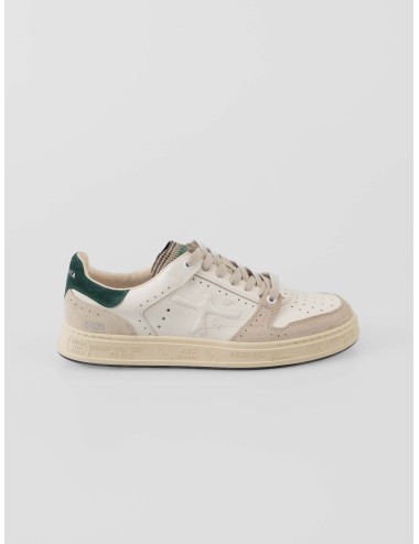 Premiata Quinn VAR 7874 hombre en piel blanca y ante beige con talón verde, suela de caucho italiana - MARFRANC