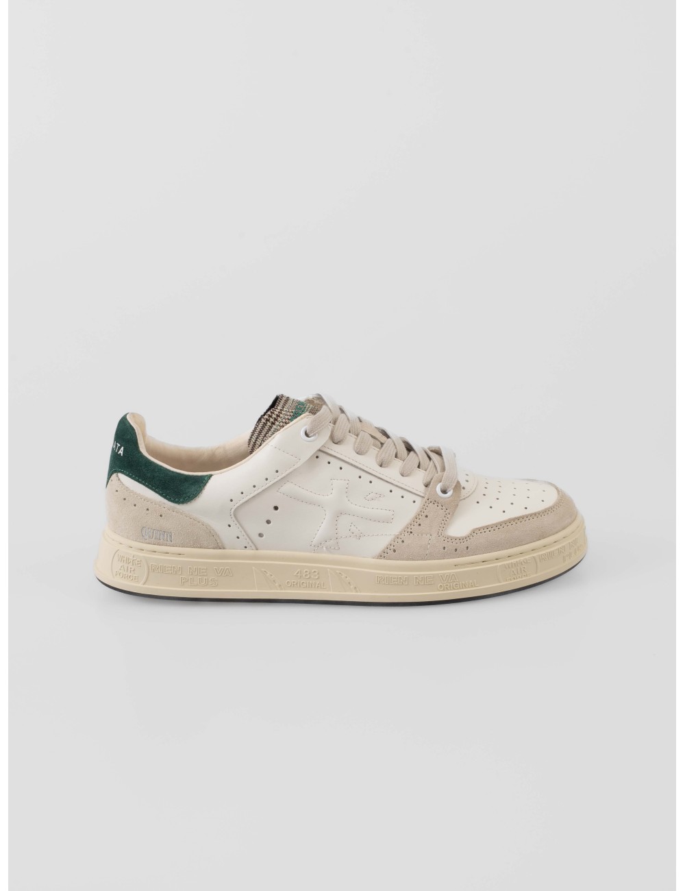 Premiata Quinn VAR 7874 hombre en piel blanca y ante beige con talón verde, suela de caucho italiana - MARFRANC Premiata Quinn VAR 7874 hombre en piel blanca y ante beige con talón verde, suela de caucho italiana - MARFRANC