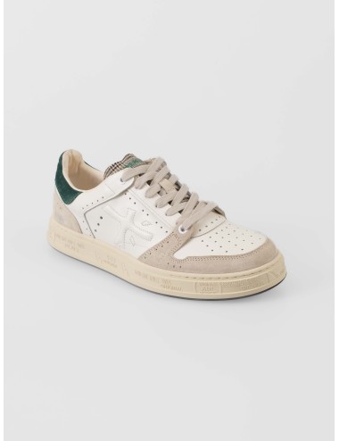 Premiata Quinn VAR 7874 hombre en piel blanca y ante beige con talón verde, suela de caucho italiana - MARFRANC