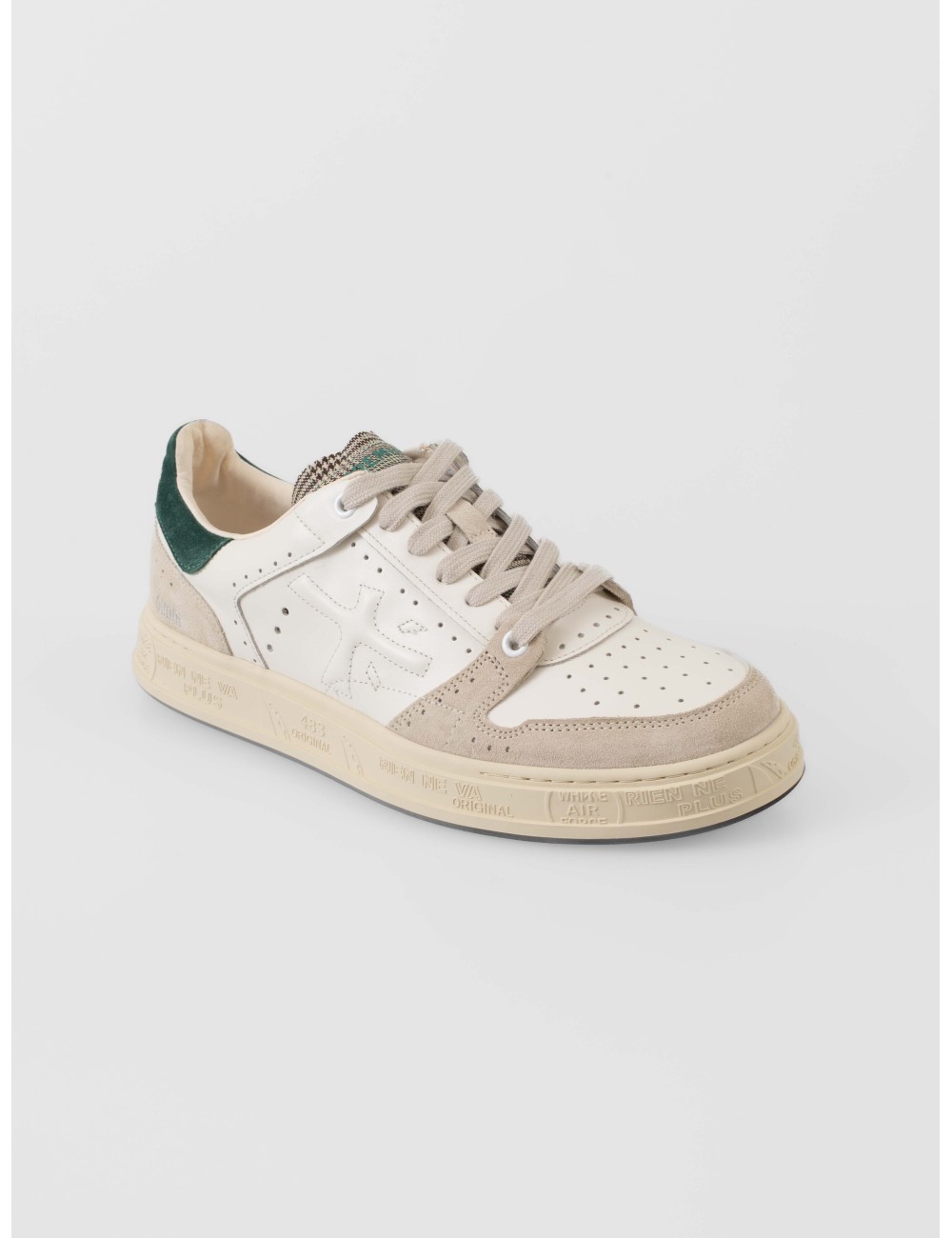 Premiata Quinn VAR 7874 hombre en piel blanca y ante beige con talón verde, suela de caucho italiana - MARFRANC Premiata Quinn VAR 7874 hombre en piel blanca y ante beige con talón verde, suela de caucho italiana - MARFRANC