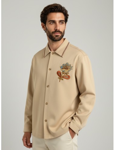 Sobrecamisa Drôle de Monsieur Brodée Fleur beige para hombre, algodón elástico, bordado floral, estilo chic MARFRANC