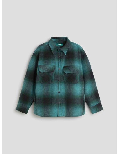 Camisa Barrow verde para hombre, mezcla de lana con efecto franela, logo gótico trasero, estilo urbano MARFRANC