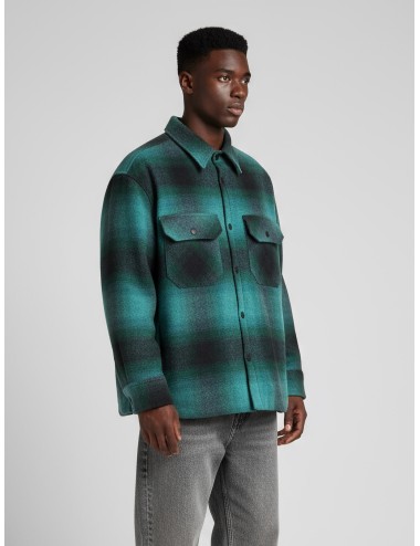 Camisa Barrow verde para hombre, mezcla de lana con efecto franela, logo gótico trasero, estilo urbano MARFRANC