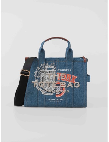 Bolso Marc Jacobs The Medium Tote denim azul con gráficos universitarios y correa ajustable para mujer - MARFRANC
