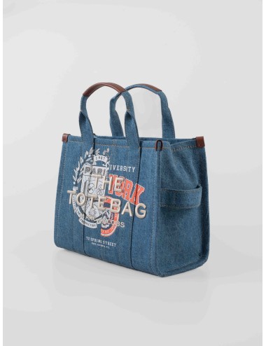 Bolso Marc Jacobs The Medium Tote denim azul con gráficos universitarios y correa ajustable para mujer - MARFRANC
