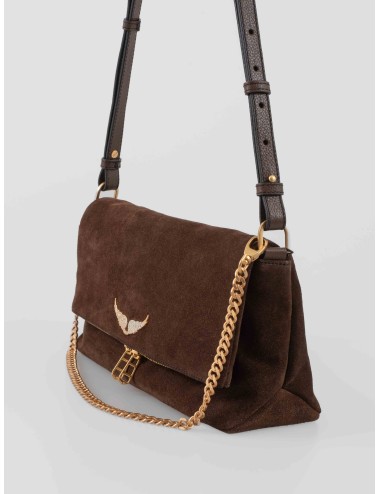 Bolso Zadig & Voltaire Rock II Suede en ante color wood con cadena dorada y logo de alas, disponible en MARFRANC