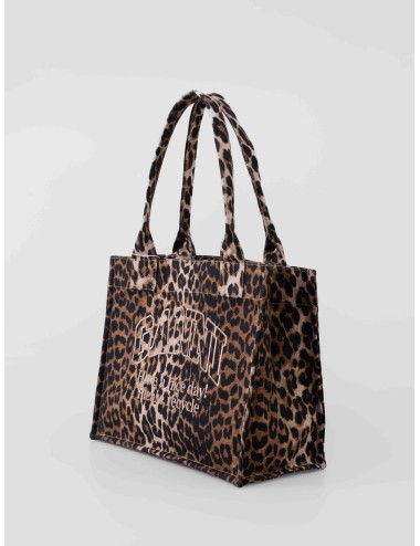 Bolso shopper con estampado de leopardo GANNI A7179 para mujer, mensaje sostenible, disponible en MARFRANC.