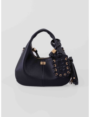 Bolso hobo negro GANNI A6976 de piel con detalles trenzados y logo dorado para mujer, disponible en MARFRANC.