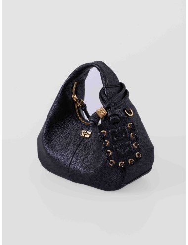 Bolso hobo negro GANNI A6976 de piel con detalles trenzados y logo dorado para mujer, disponible en MARFRANC.